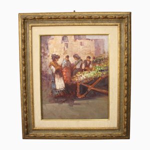 Italian Artist, Popular Scene with Characters, 1970, Oil on Canvas, Framed
