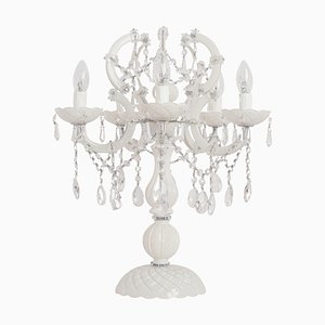 White Murano Glass Table Lamp with Pendants, Crystal Octagons Chains, 5 Lights, Handmade Made in Italy, 2000s