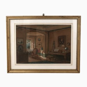 Herman Moller, Scena di interni, XIX secolo, Acquarello su carta, Con cornice