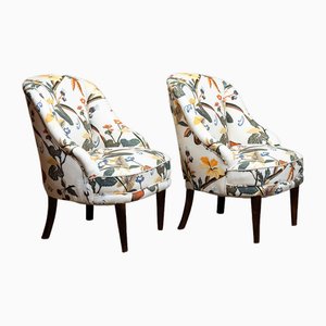 Dänische Slipper Stühle aus Leinen mit Blumendruck im Stil von J. Frank, 1940er, 2er Set