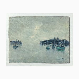 P. Loutan, Barques de pêcheur dans le port, 1971, Olio su tavola