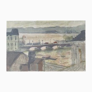 Hans Albert Falk, Pont de Zurich avec vue sur la rivière Limmat, Guazzo su carta, Con cornice