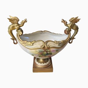 Centrotavola in porcellana inglese con decorazione di draghi dorati di Royal Worcester