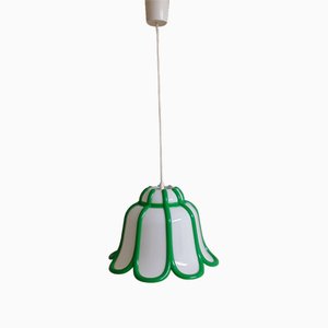 Vintage Ceiling Lamp in Flower Shape in White Plastic with Placed Green Blessing Lines, 1970s