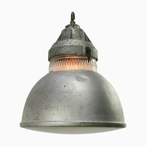 Lampe à Suspension Industrielle Vintage en Métal Gris et Verre Givré de Holophane, Paris