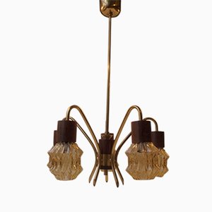 Mid-Century Danish Rosewood, Brass & Glass Spider Chandelier, 1950s