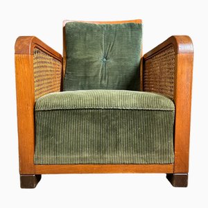 Vintage Art Deco Armlehnstuhl aus grünem Ribcord Stoff