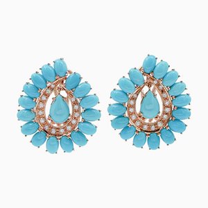 14 Karat Rose Gold, Turquoise & Diamond Stud Earrings, 1980s, Set of 2