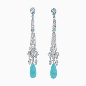 Turquoise, Aquamarine, Diamonds & Platinum Dangle Earrings, 1970s, Set of 2