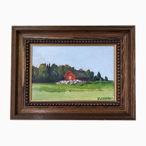 Mini paesaggio di cottage rosso, anni '50, olio su tela, con cornice