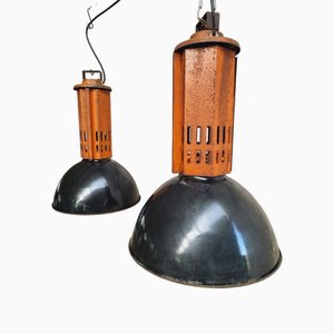 French Industrial Enamel Hanging Lamps, Set of 2