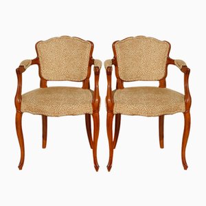 Vintage Wood and Velvet Cabriolet Armchairs, 1940s, Set of 2