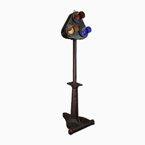 Vintage Metal Railway Traffic Light on Cast Iron Stand with Casters, 1940s