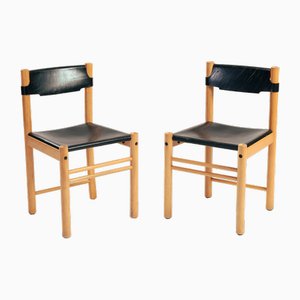 Set of Vintage Italian Leather and Beech Stick Chair by Ibisco, 1970s