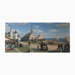 Paul Lemasson, Marché sur la place de l'église, Bretagne, Oil on Canvas