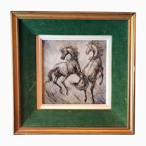 Decorative Earthenware Tile with Horses from JC Taburet, 1964