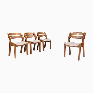 Sculptural Oak and Fabric Dining Chairs, France, 1960s, Set of 4