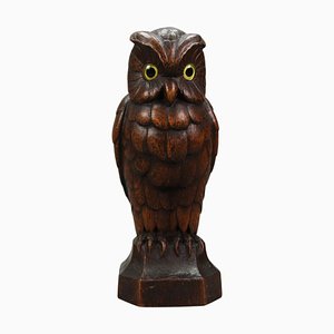 German Hand-Carved Oakwood Owl Sculpture with Glass Eyes, 1930s