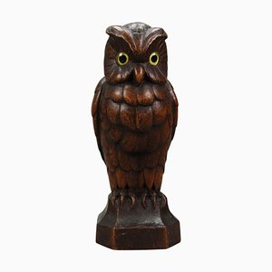 Sculpture Hibou en Chêne Sculpté à la Main avec Yeux en Verre, Allemagne, 1930s