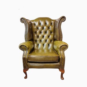 Queen Anne Chesterfield Green Leather Armchair, 1980s
