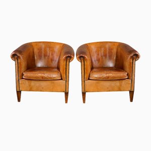 Patinated Sheep Leather Club Armchairs, Set of 2