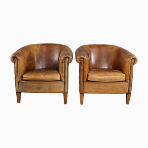 Patinated Sheep Leather Club Armchairs, Set of 2