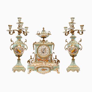 French Sevres Style Porcelain Clock and Candelabras, Set of 3
