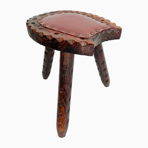 Spanish Brutalist Wooden Tripod Stool with Leather, 1960s
