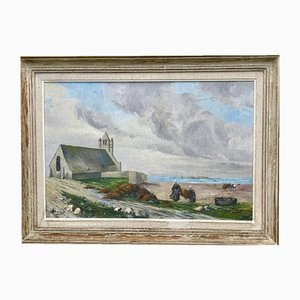 MBoré, La récolte du goémon devant la chapelle Notre Dame de la Joie à Penmarc'h (Finistère-Bretagne), 20e siècle, huile sur toile, encadrée