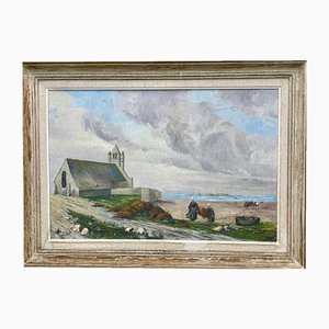 MBoré, La récolte du goémon devant la chapelle Notre Dame de la Joie à Penmarc'h (Finistère-Bretagne), 20th Century, Oil on Canvas, Framed