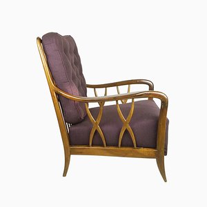 Wood & Purple Fabric Armchair attributed to Paolo Buffa, 1950s