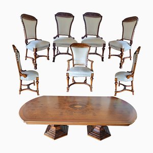 Walnut Dining Table & Chairs, Spain, Set of 9