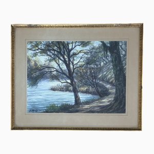 Jules Robert Chatelain, Chemin au bord de l'eau, 1951, Watercolor on Paper, Framed