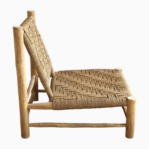 Sillón bajo de sisal de cuerda y madera de fresno de Audoux & Minet, años 50