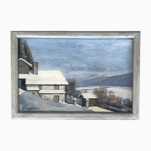 E. Perrenoud-Monnier, Village en hiver, 1936, óleo sobre cartón, enmarcado