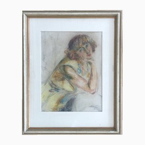 Henri Fehr, Jeune fille pensive, Pastel and Chalk on Paper, Framed