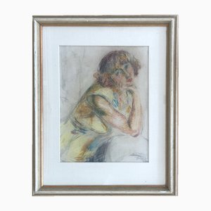 Henri Fehr, Jeune fille pensive, Pastel and Chalk on Paper, Framed