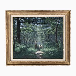 Adolphe Potter, Femme et chèvre dans un paysage boisé, Huile sur Toile, Encadrée