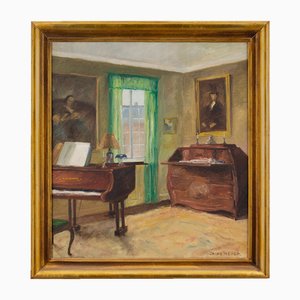 Jacob Meyer, Interior with Piano, 1920s, Oil on Canvas, Framed