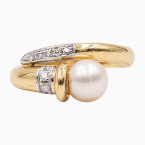 Vintage 18k Yellow Gold Pearl and Diamond Ring, 1970s