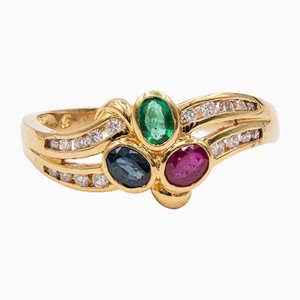 Vintage Gelbgold Ring mit Saphir, Rubin, Smaragd und Diamanten, 1970er