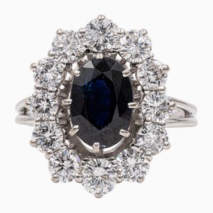 Vintage 18k White Gold Sapphire & Diamonds Daisy Ring, 1960s
