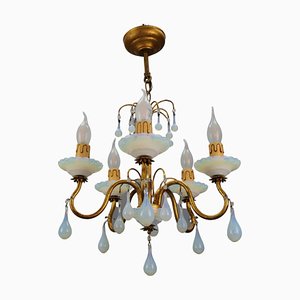 Italian Florentine Gilt Metal and White Opalescent Glass Five-Light Chandelier, 1970s