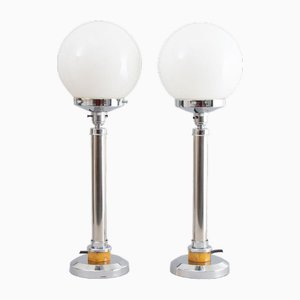British Art Deco Table Lamps with Chrome Columns and Opal Glass Globes, 1930, Set of 2