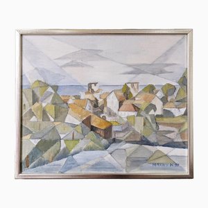 Cubist Coastal Town, 1950s, Oil on Canvas, Framed