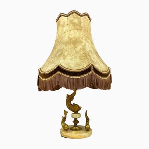 Lámpara de mesa vintage con forma de pez de ónice y figuras de peces de bronce