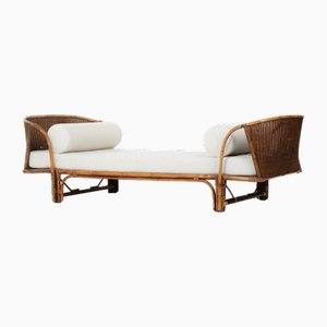 Rattan Daybed with Linen Fabric, 1950s