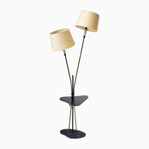 Mid-Century French Floor Lamp in Brass, Steel & Glass attributed to Maison Lunel, 1950s