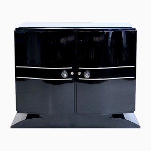 Small Art Deco Sideboard with Curved Front in Black Piano Lacquer, 1930s