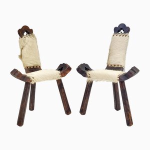 Brutalist Tripod Chairs in Oak & Goatskin, 1960s, Set of 2